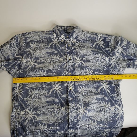 Vintage Big Dogs Reverse Print Hawaiian Shirt Large Cotton Blue White Palms 50" - Picture 6 of 9